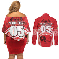 Custom Tonga Rugby Mate Ma'a Couples Matching Off Shoulder Short Dress and Long Sleeve Button Shirt Tongan Pride Unique Style - Polynesian Pride