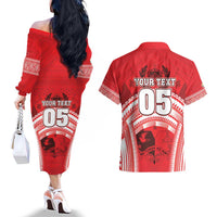 Custom Tonga Rugby Mate Ma'a Couples Matching Off The Shoulder Long Sleeve Dress and Hawaiian Shirt Tongan Pride Unique Style - Polynesian Pride