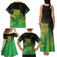 New Zealand Aotearoa Ruru Family Matching Tank Maxi Dress and Hawaiian Shirt Maori Fern Art Green