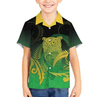 New Zealand Aotearoa Ruru Family Matching Tank Maxi Dress and Hawaiian Shirt Maori Fern Art Green