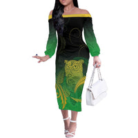 New Zealand Aotearoa Ruru Off The Shoulder Long Sleeve Dress Maori Fern Art Green