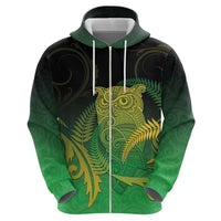 New Zealand Aotearoa Ruru Zip Hoodie Maori Fern Art Green