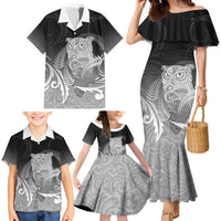 New Zealand Aotearoa Ruru Family Matching Mermaid Dress and Hawaiian Shirt Maori Fern Art Black