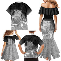 New Zealand Aotearoa Ruru Family Matching Mermaid Dress and Hawaiian Shirt Maori Fern Art Black