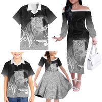 New Zealand Aotearoa Ruru Family Matching Off The Shoulder Long Sleeve Dress and Hawaiian Shirt Maori Fern Art Black