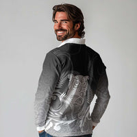 New Zealand Aotearoa Ruru Long Sleeve Polo Shirt Maori Fern Art Black