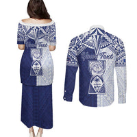 Personalised Northern Mariana Islands And Guam Couples Matching Puletasi and Long Sleeve Button Shirt Latte Stone With Tribal Pattern LT05 - Polynesian Pride