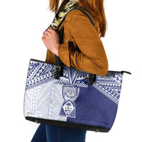 Northern Mariana Islands And Guam Leather Tote Bag Latte Stone With Tribal Pattern LT05 Blue - Polynesian Pride