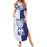 Personalised Northern Mariana Islands And Guam Summer Maxi Dress Latte Stone With Tribal Pattern LT05 Women Blue - Polynesian Pride