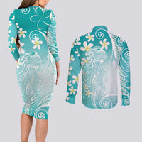 Polynesian Jellyfish Couples Matching Long Sleeve Bodycon Dress and Long Sleeve Button Shirt With Plumeria Teal LT05 - Polynesian Pride
