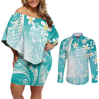 Polynesian Jellyfish Couples Matching Off Shoulder Short Dress and Long Sleeve Button Shirt With Plumeria Teal LT05 Teal - Polynesian Pride