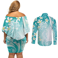 Polynesian Jellyfish Couples Matching Off Shoulder Short Dress and Long Sleeve Button Shirt With Plumeria Teal LT05 - Polynesian Pride