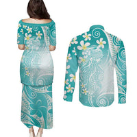 Polynesian Jellyfish Couples Matching Puletasi and Long Sleeve Button Shirt With Plumeria Teal LT05 - Polynesian Pride