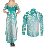 Polynesian Jellyfish Couples Matching Summer Maxi Dress and Long Sleeve Button Shirt With Plumeria Teal LT05 - Polynesian Pride