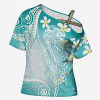 Polynesian Jellyfish Cross Shoulder Shirt With Plumeria Teal LT05 Female Teal - Polynesian Pride