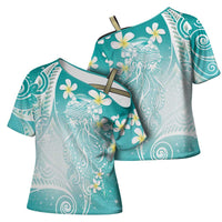Polynesian Jellyfish Cross Shoulder Shirt With Plumeria Teal LT05 - Polynesian Pride