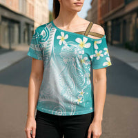 Polynesian Jellyfish Cross Shoulder Shirt With Plumeria Teal LT05 - Polynesian Pride