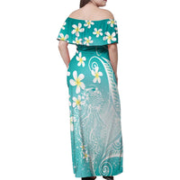 Polynesian Jellyfish Family Matching Off Shoulder Maxi Dress and Hawaiian Shirt With Plumeria Teal