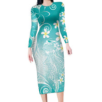 Polynesian Jellyfish Long Sleeve Bodycon Dress With Plumeria Teal LT05 Long Dress Teal - Polynesian Pride