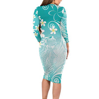 Polynesian Jellyfish Long Sleeve Bodycon Dress With Plumeria Teal LT05 - Polynesian Pride
