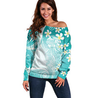 Polynesian Jellyfish Off Shoulder Sweater With Plumeria Teal LT05 Women Teal - Polynesian Pride