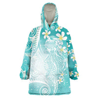 Polynesian Jellyfish Wearable Blanket Hoodie With Plumeria Teal LT05 One Size Teal - Polynesian Pride