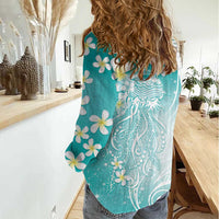 Polynesian Jellyfish Women Casual Shirt With Plumeria Teal LT05 - Polynesian Pride