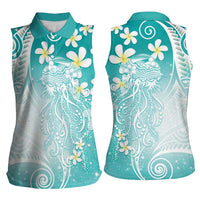 Polynesian Jellyfish Women Sleeveless Polo Shirt With Plumeria Teal LT05 - Polynesian Pride