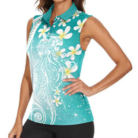 Polynesian Jellyfish Women Sleeveless Polo Shirt With Plumeria Teal LT05 - Polynesian Pride