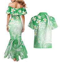 Polynesian Jellyfish Couples Matching Mermaid Dress and Hawaiian Shirt With Plumeria Green