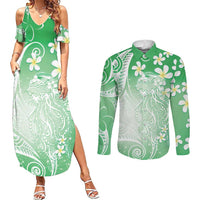 Polynesian Jellyfish Couples Matching Summer Maxi Dress and Long Sleeve Button Shirt With Plumeria Green LT05 Green - Polynesian Pride