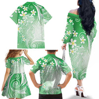Polynesian Jellyfish Family Matching Off The Shoulder Long Sleeve Dress and Hawaiian Shirt With Plumeria Green