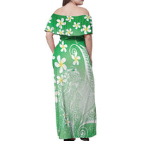 Polynesian Jellyfish Family Matching Off Shoulder Maxi Dress and Hawaiian Shirt With Plumeria Green