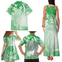 Polynesian Jellyfish Family Matching Tank Maxi Dress and Hawaiian Shirt With Plumeria Green