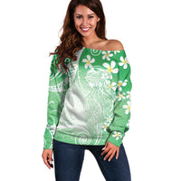 Polynesian Jellyfish Off Shoulder Sweater With Plumeria Green LT05 Women Green - Polynesian Pride