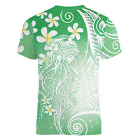 Polynesian Jellyfish Women V-Neck T-Shirt With Plumeria Green LT05 - Polynesian Pride