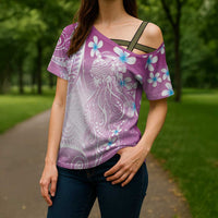 Polynesian Jellyfish Cross Shoulder Shirt With Plumeria Pink LT05 - Polynesian Pride