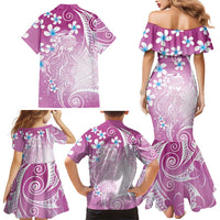 Polynesian Jellyfish Family Matching Mermaid Dress and Hawaiian Shirt With Plumeria Pink