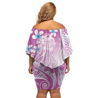 Polynesian Jellyfish Family Matching Off Shoulder Short Dress and Hawaiian Shirt With Plumeria Pink