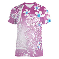 Polynesian Jellyfish Women V-Neck T-Shirt With Plumeria Pink LT05 Female Pink - Polynesian Pride