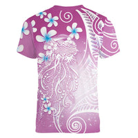 Polynesian Jellyfish Women V-Neck T-Shirt With Plumeria Pink LT05 - Polynesian Pride