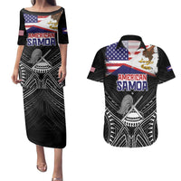 American Samoa Flag Day Couples Matching Puletasi and Hawaiian Shirt Bald Eagle With Polynesian Pattern
