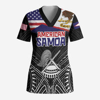 Personalised American Samoa Flag Day Scrub Top Bald Eagle With Polynesian Pattern - Polynesian Pride