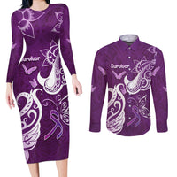 Personalised Fibromyalgia Awareness Couples Matching Long Sleeve Bodycon Dress and Long Sleeve Button Shirt Polynesian Purple Ribbon