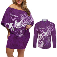 Personalised Fibromyalgia Awareness Couples Matching Off Shoulder Short Dress and Long Sleeve Button Shirt Polynesian Purple Ribbon LT05 Purple - Polynesian Pride