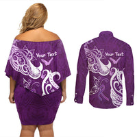 Personalised Fibromyalgia Awareness Couples Matching Off Shoulder Short Dress and Long Sleeve Button Shirt Polynesian Purple Ribbon