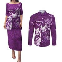 Personalised Fibromyalgia Awareness Couples Matching Puletasi and Long Sleeve Button Shirt Polynesian Purple Ribbon
