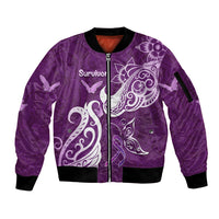 Personalised Fibromyalgia Awareness Sleeve Zip Bomber Jacket Polynesian Purple Ribbon