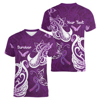 Personalised Fibromyalgia Awareness Women V-Neck T-Shirt Polynesian Purple Ribbon