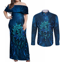 New Zealand Dream Catcher Couples Matching Off Shoulder Maxi Dress and Long Sleeve Button Shirt Maori Koru Pattern Blue Version LT05 Blue - Polynesian Pride